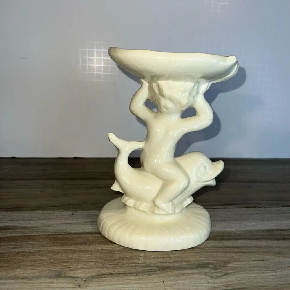 1973 Vintage Holland Mold Ceramic Signed Cherub on Dolphin Soap Dish Holder